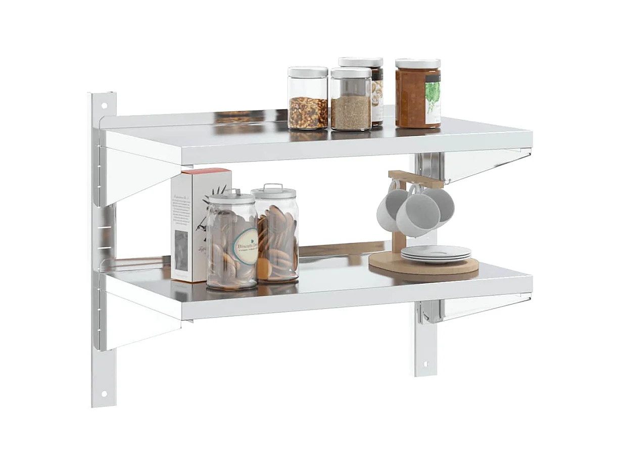 Wandschap 2-laags 75x40x60 cm roestvrijstaal zilverkleurig