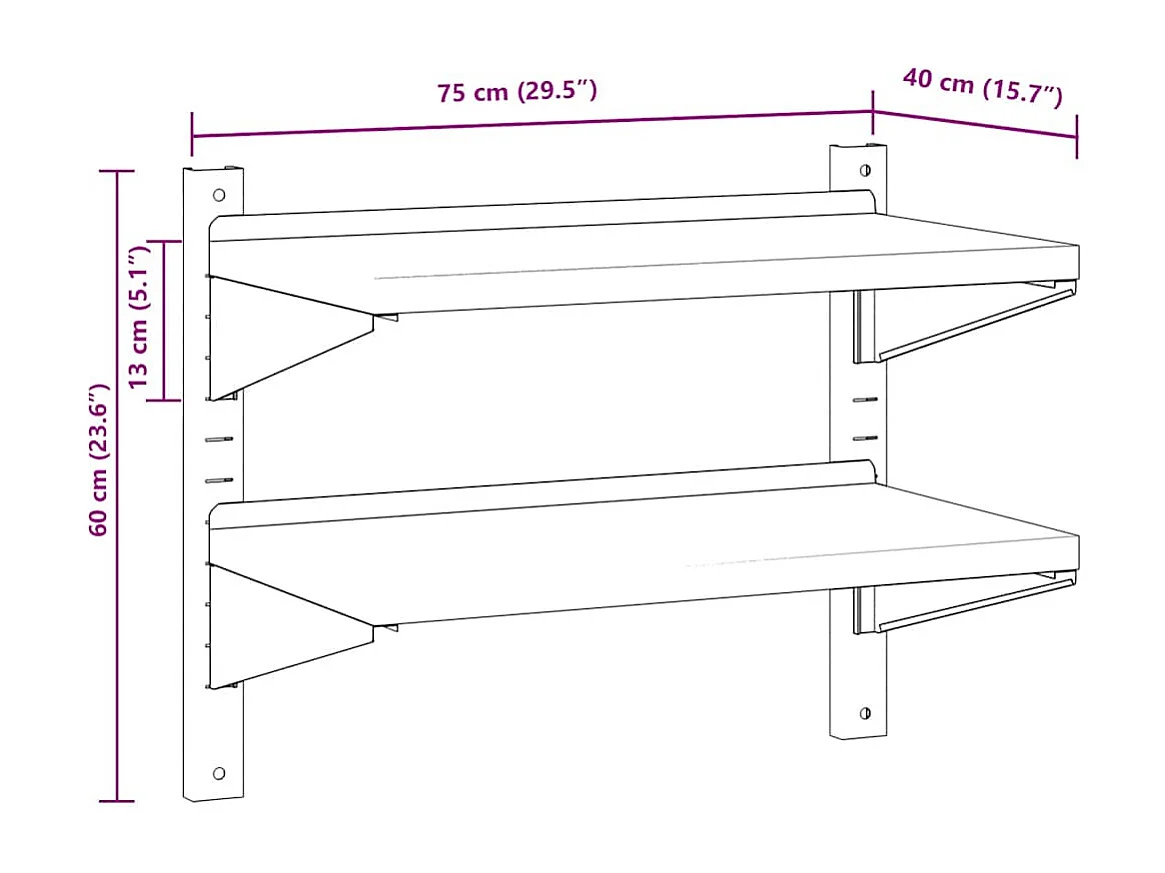 Étagère murale à 2 niveaux 75x40x60 cm argenté acier inoxydable