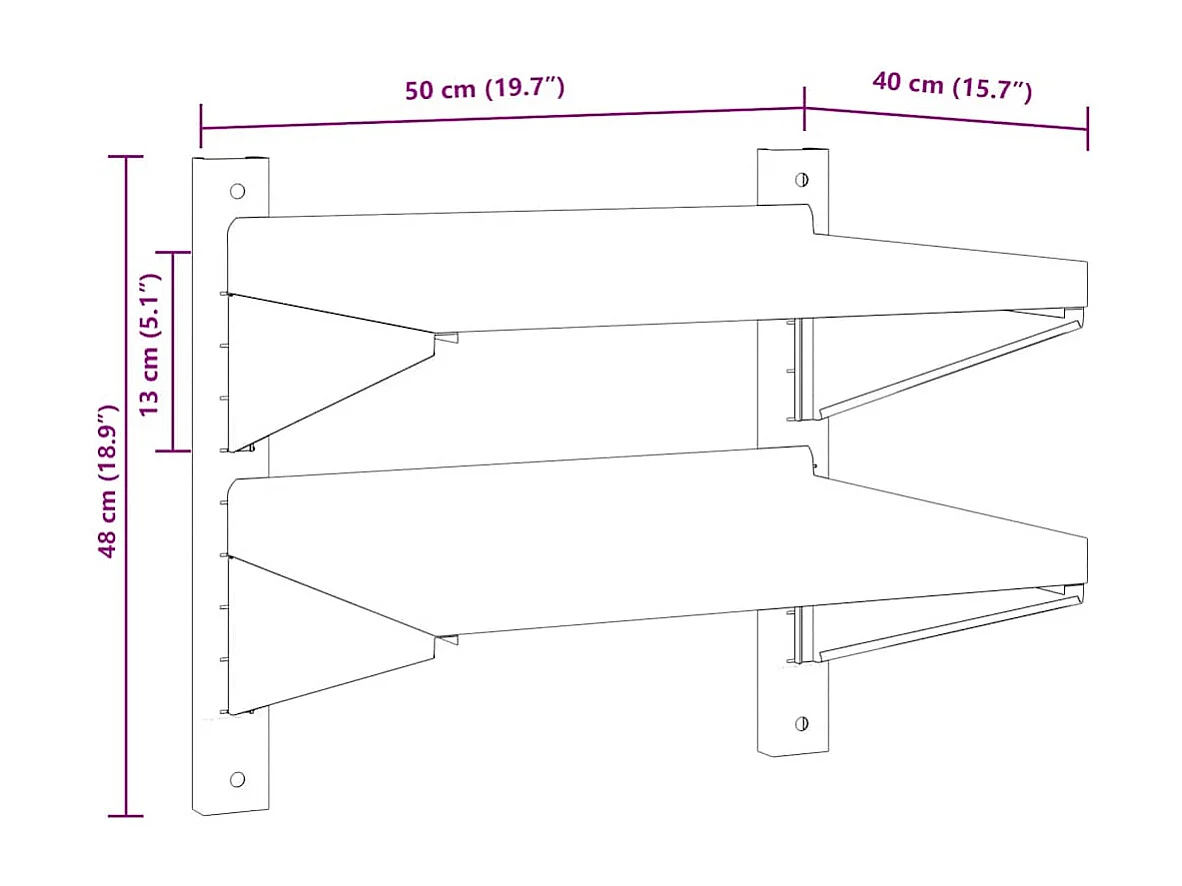Estante parede 2 prateleiras 50x40x48 cm aço inoxidável prata