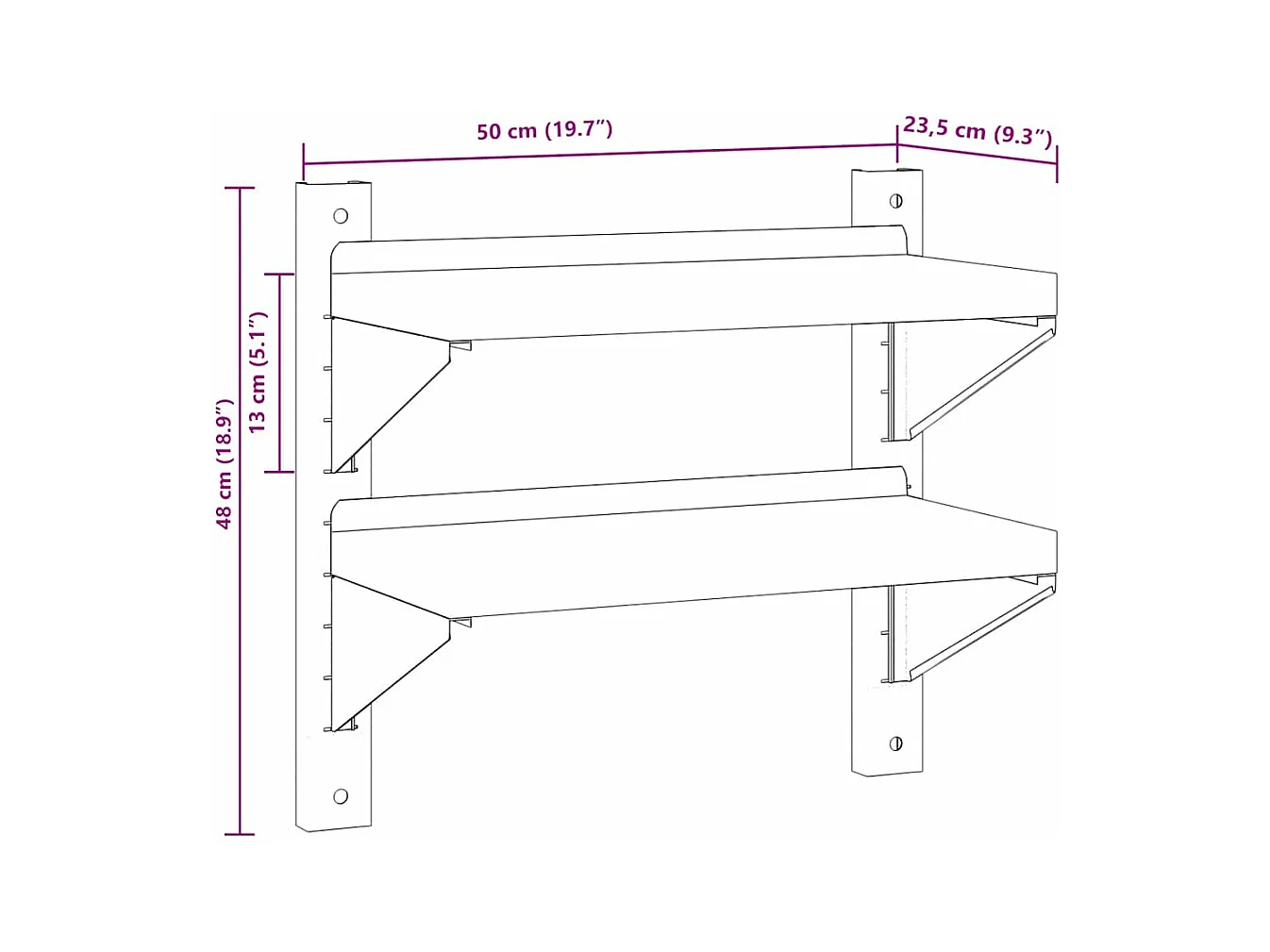 Wandschap 2-laags 50x23,5x48 cm roestvrijstaal zilverkleurig