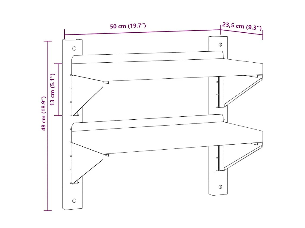 Étagère murale 2 niveaux 50x23,5x48 cm argenté acier inoxydable