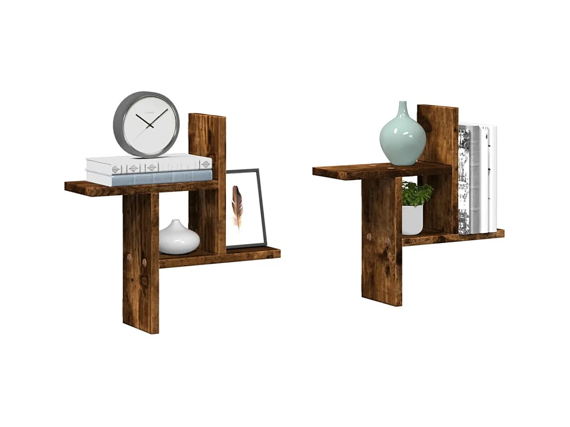 Wandschappen 2 st 38x12x38 cm bewerkt hout gerookt eikenkleurig