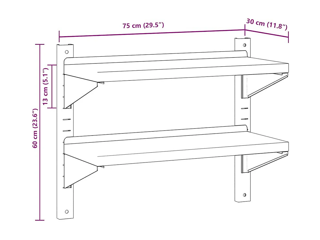 Wandregal mit 2 Böden 75x30x60 cm Silbern Edelstahl
