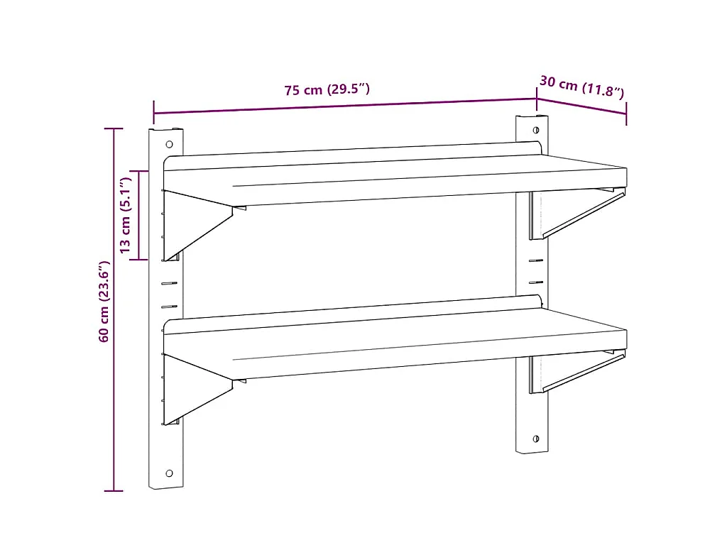 Étagère murale à 2 niveaux 75x30x60 cm argenté acier inoxydable
