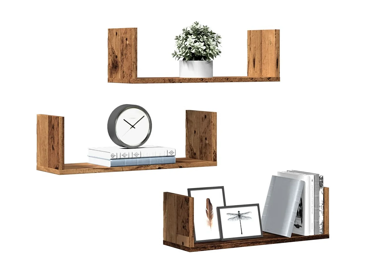 Estantes de pared 3 uds madera ingeniería envejecida 58x18x18cm