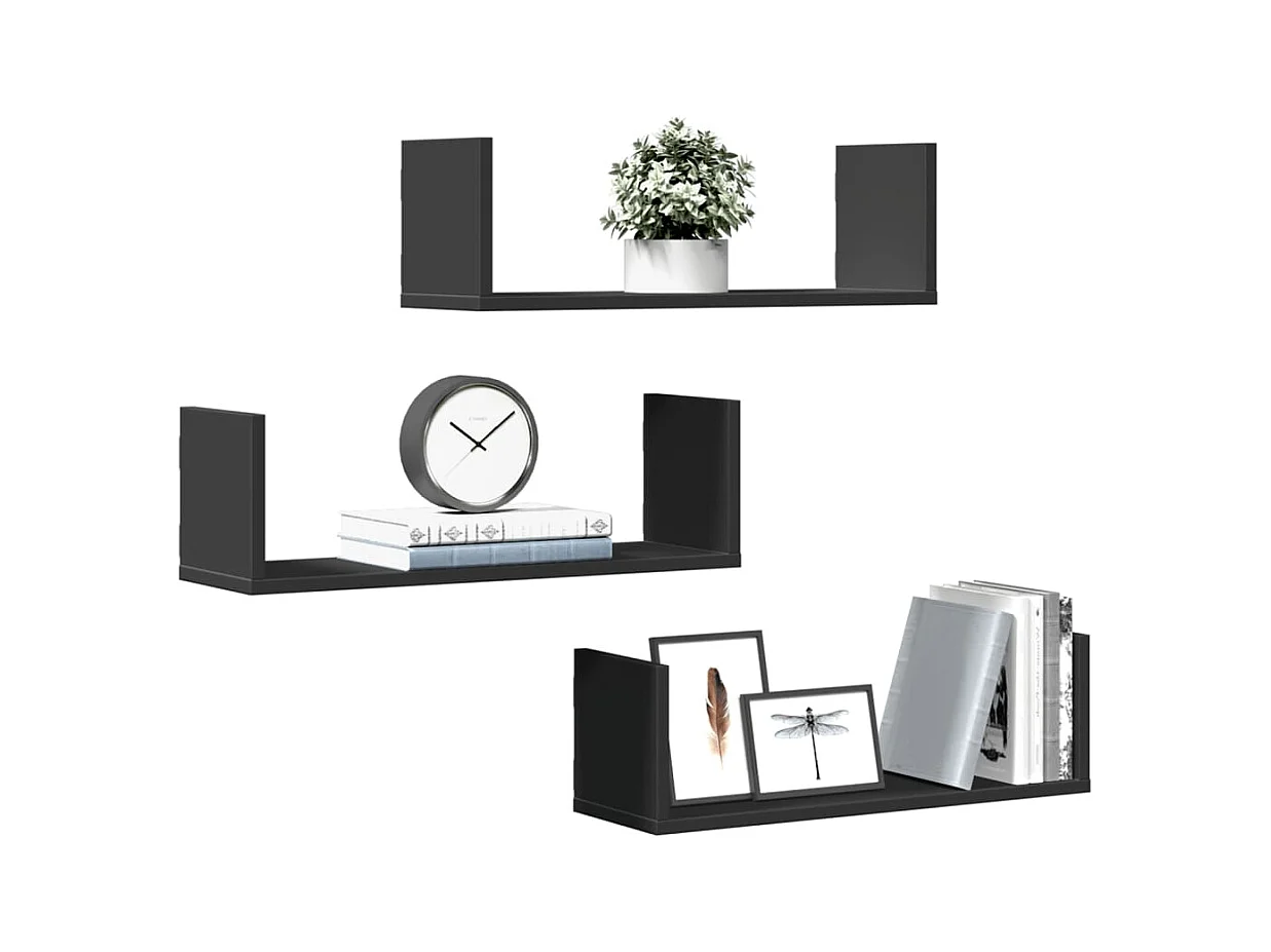 Étagères murales 3 pcs noir 58x18x18 cm bois d'ingénierie