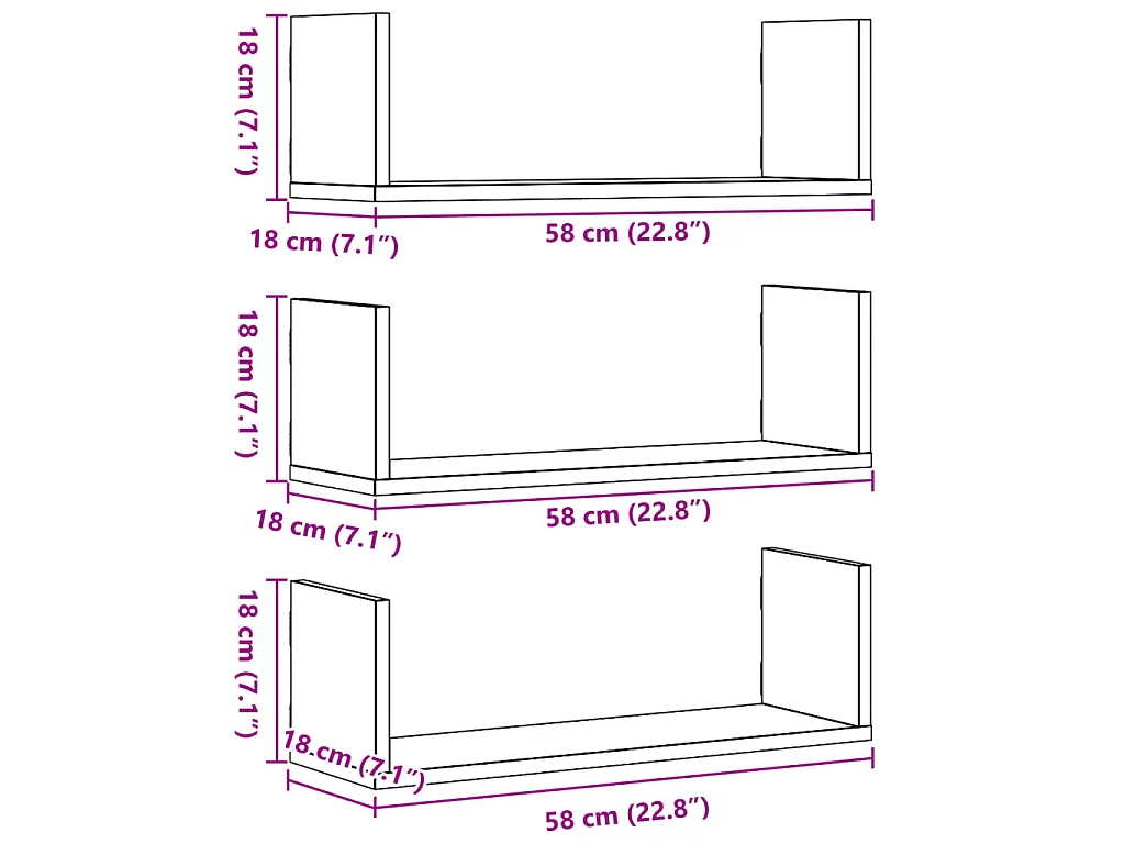 Étagères murales 3 pcs noir 58x18x18 cm bois d'ingénierie