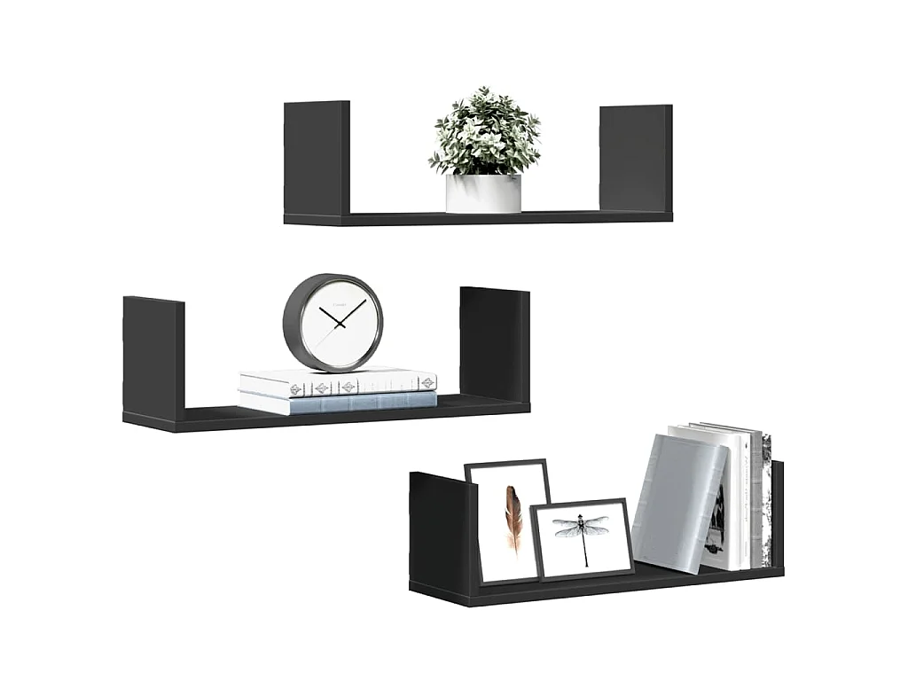 Étagères murales 3 pcs noir 58x18x18 cm bois d'ingénierie