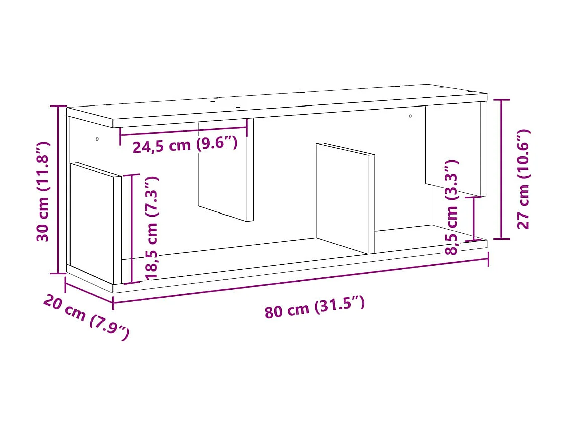 Wandkast 80x20x30 cm bewerkt hout zwart