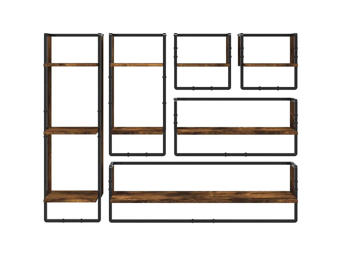 6-tlg. Wandregal-Set mit Stangen Räuchereiche Holzwerkstoff