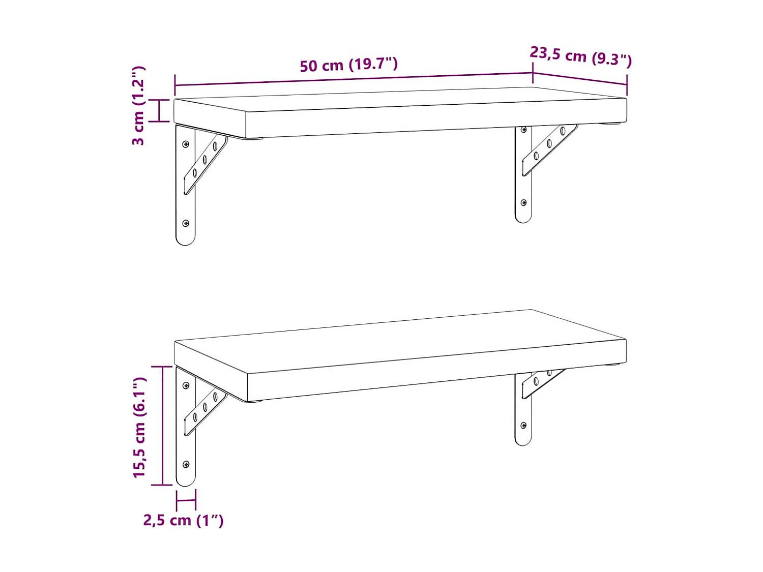Étagères murales 2 pcs 50x23,5 cm noir acier inoxydable