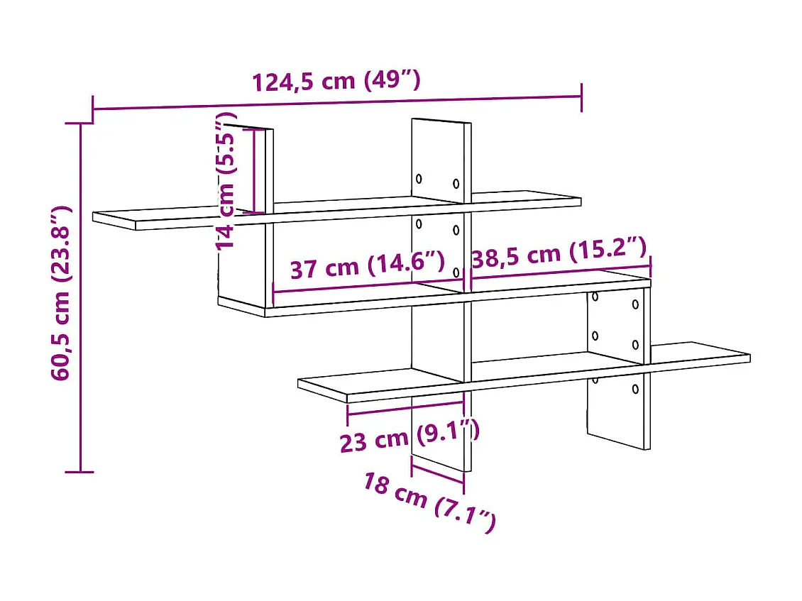 Wandschap 124,5x18x60,5 cm bewerkt hout oud houtkleurig