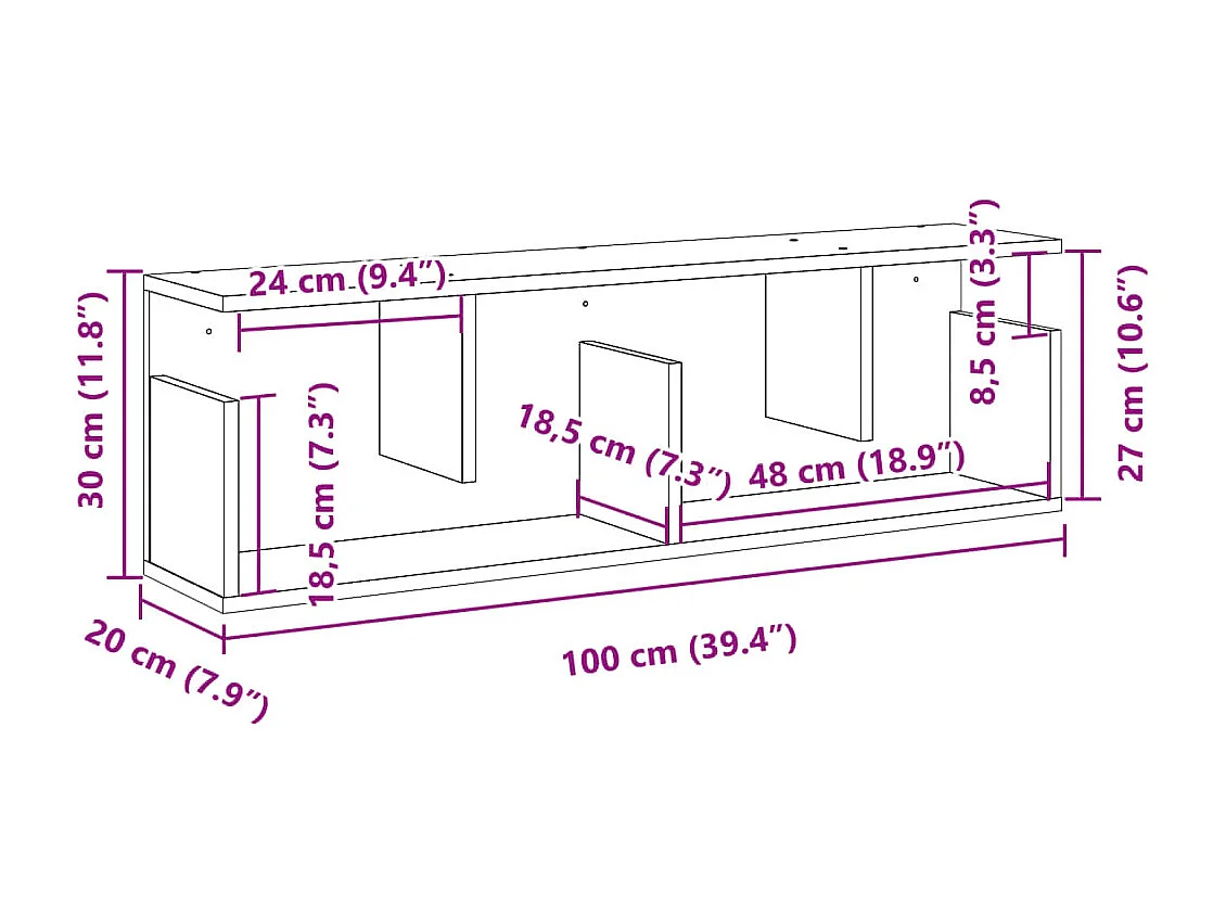 Wandkast 100x20x30 cm bewerkt hout betongrijs