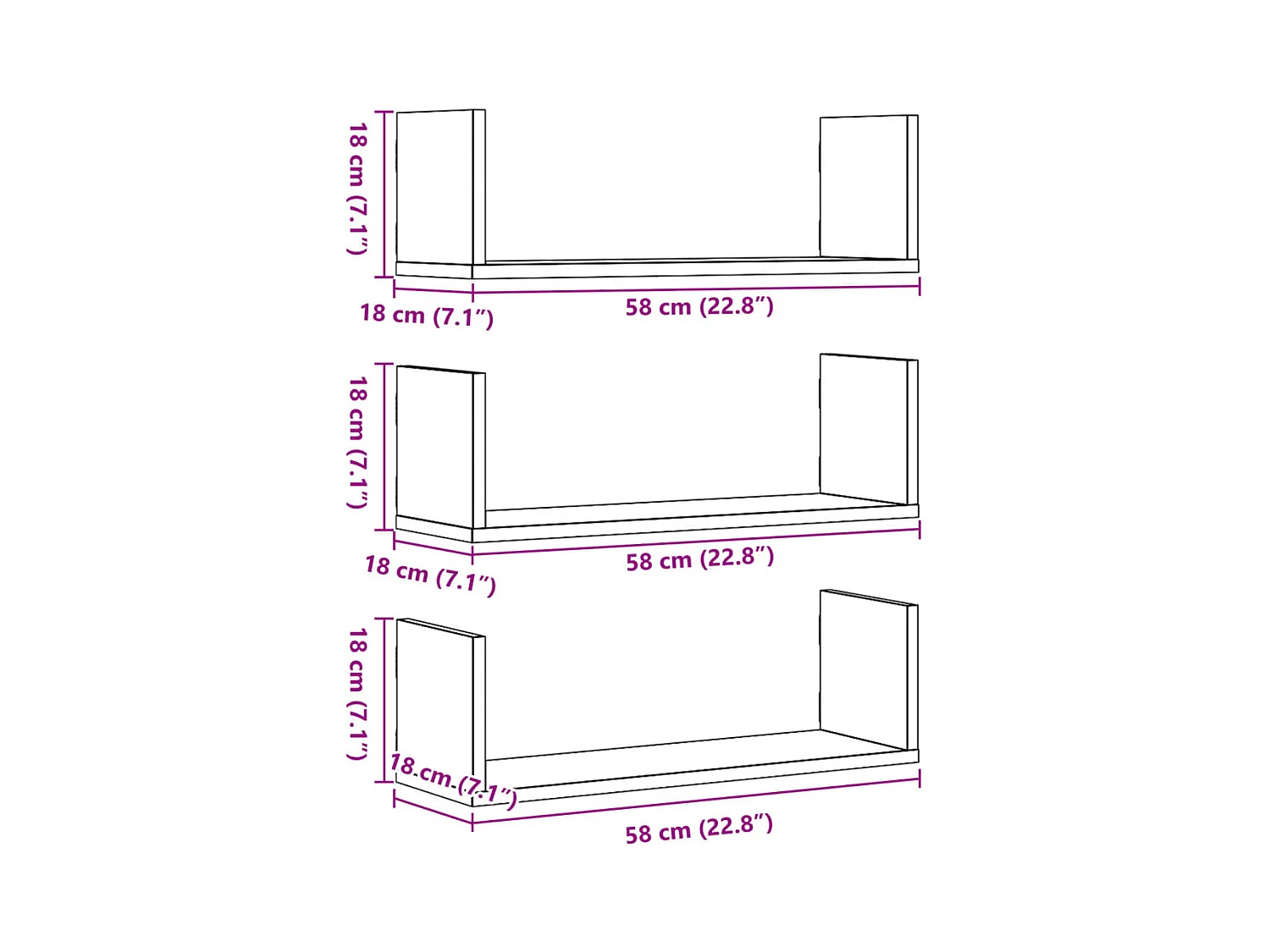 Wandregale 3 Stk. Betongrau 58x18x18 cm Holzwerkstoff