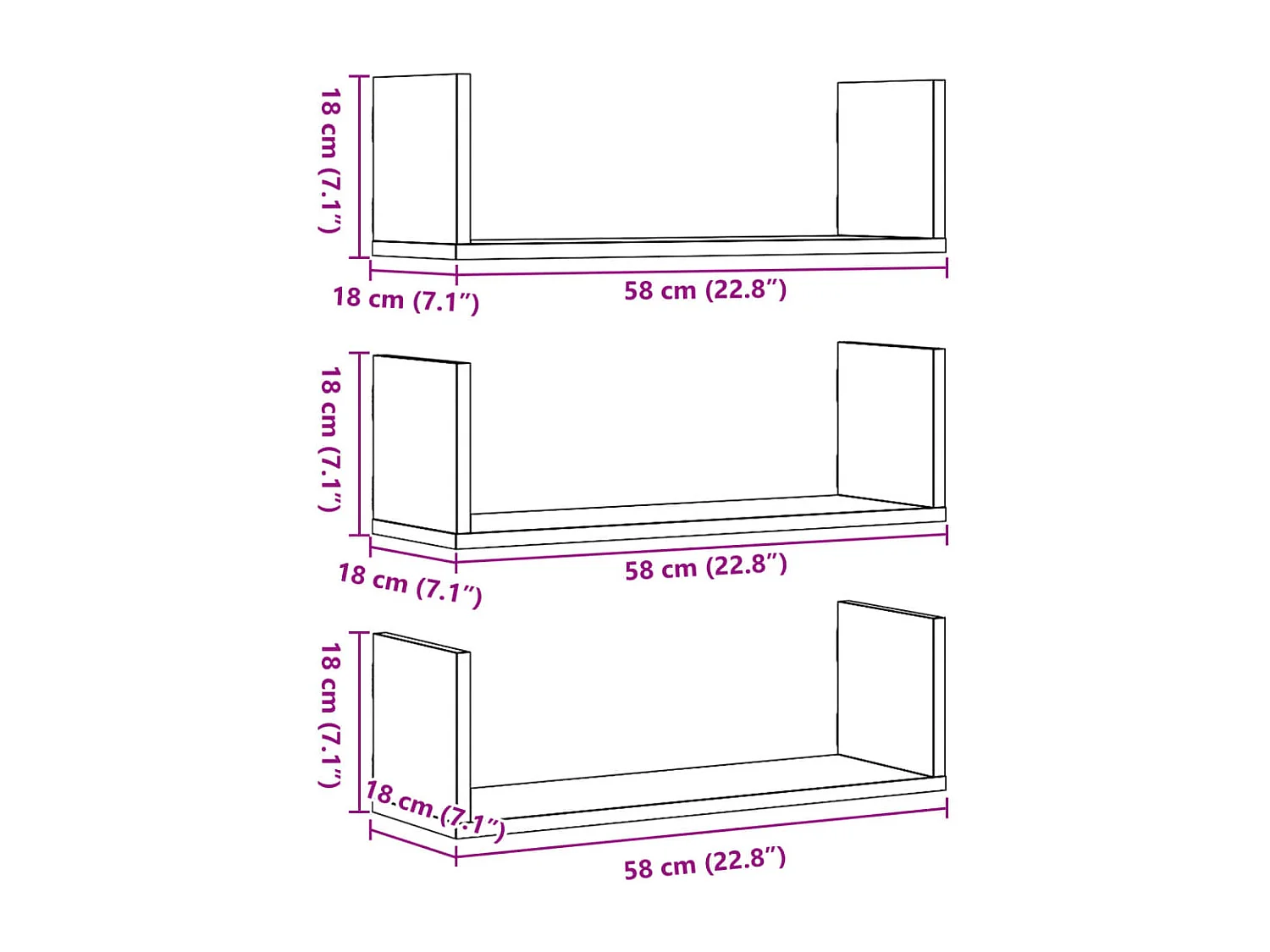 Étagères murales 3 pcs gris béton 58x18x18 cm bois d'ingénierie
