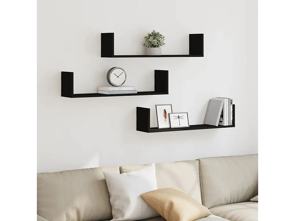 Prateleiras de parede 3 pcs 80x18x18 cm deriv. de madeira preto