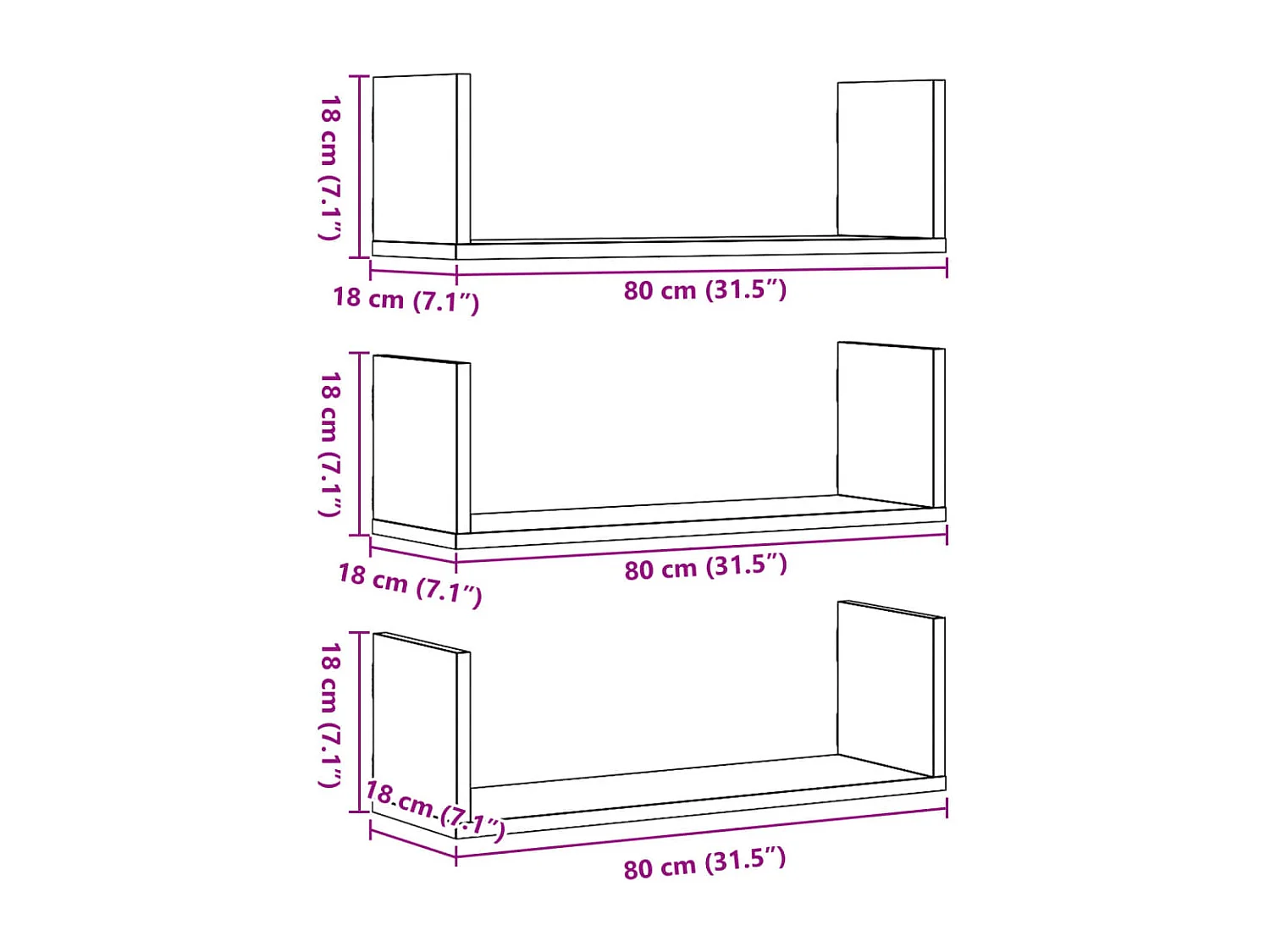 Prateleiras de parede 3 pcs 80x18x18 cm deriv. de madeira preto