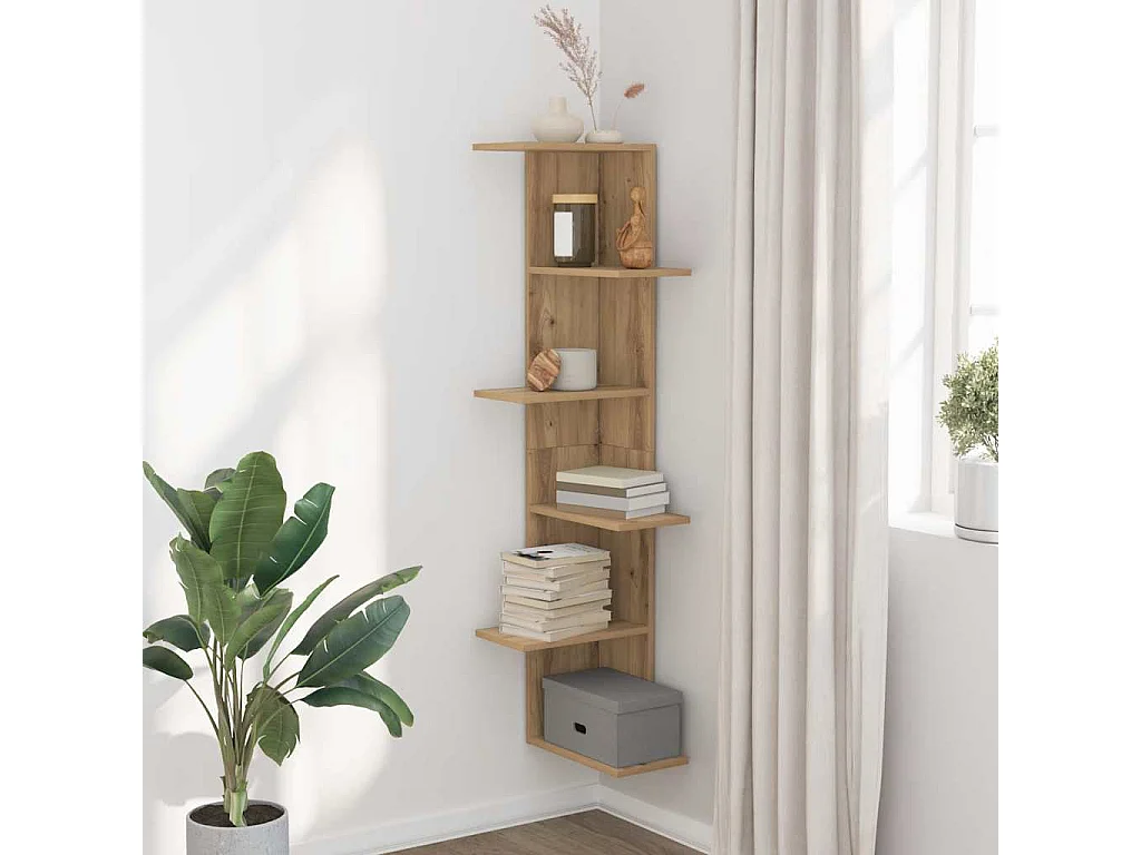 Hoekwandschap 36,5x36,5x140 cm bewerkt hout artisanaal eiken