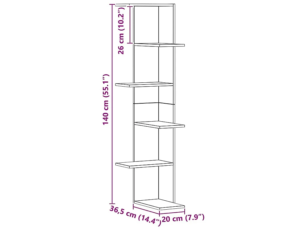 Hoekwandschap 36,5x36,5x140 cm bewerkt hout artisanaal eiken