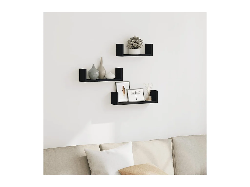 Étagères murales 3 pcs noir bois d'ingénierie