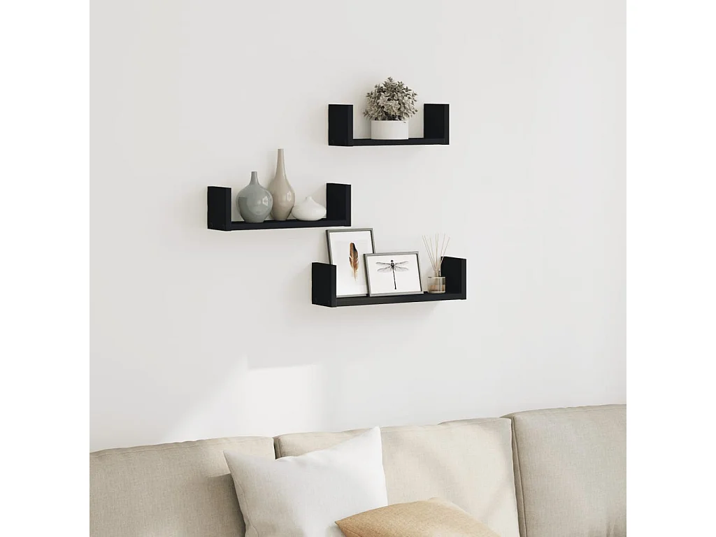 Étagères murales 3 pcs noir bois d'ingénierie