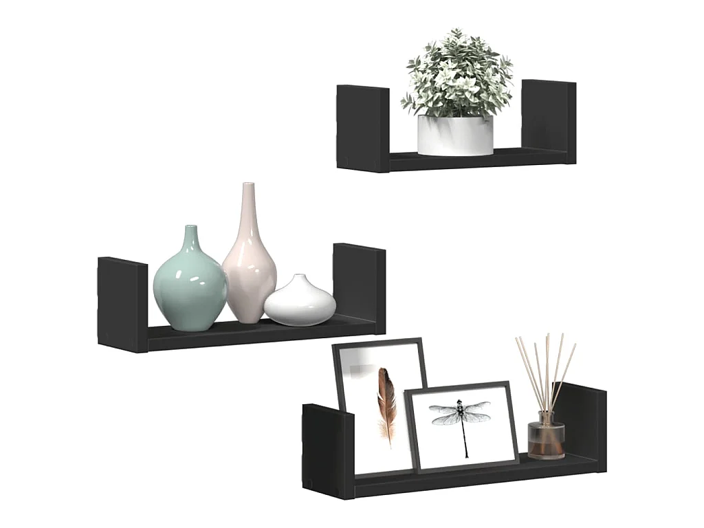 Étagères murales 3 pcs noir bois d'ingénierie