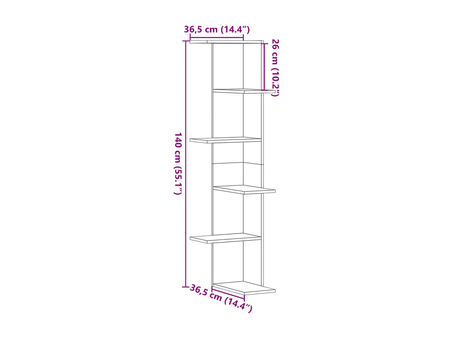 Hoekwandschap 36,5x36,5x140 cm bewerkt hout betongrijs