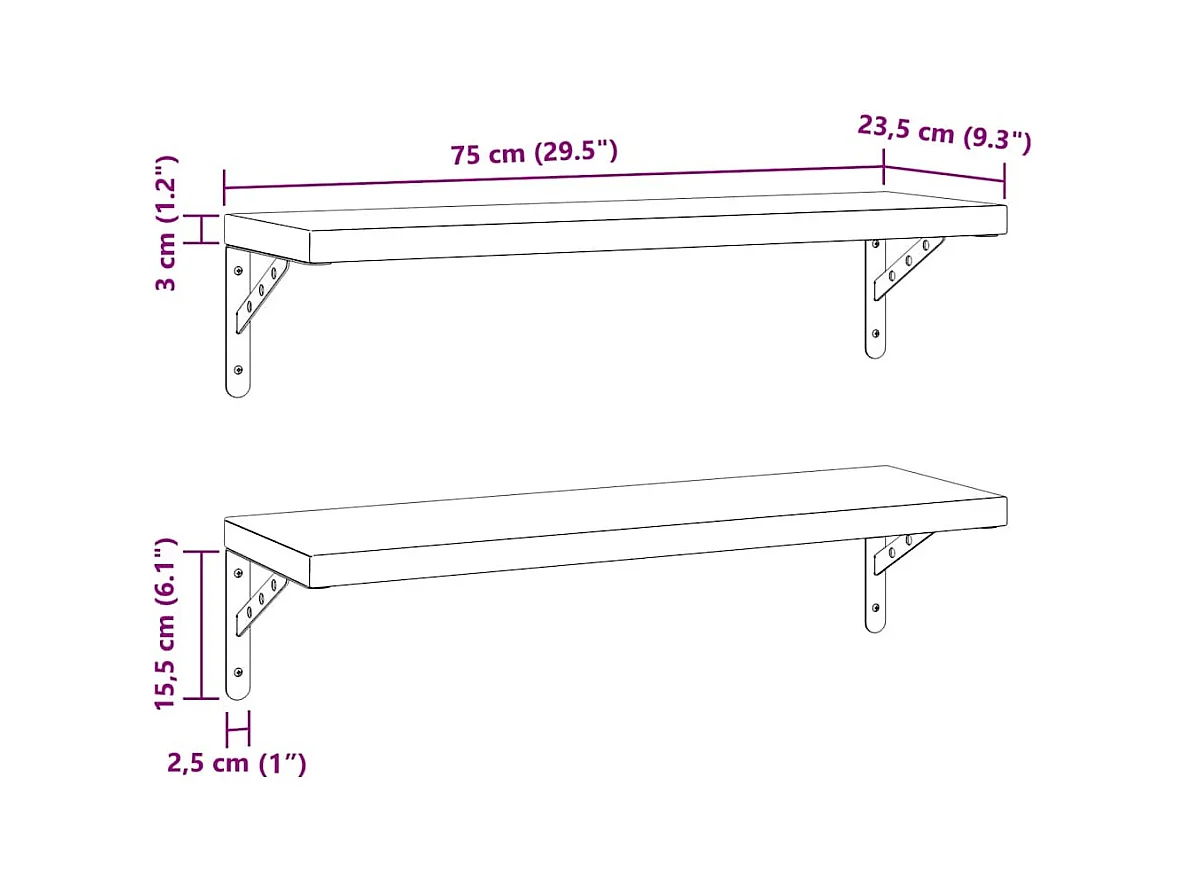 Étagères murales 2 pcs 75x23,5 cm argenté acier inoxydable