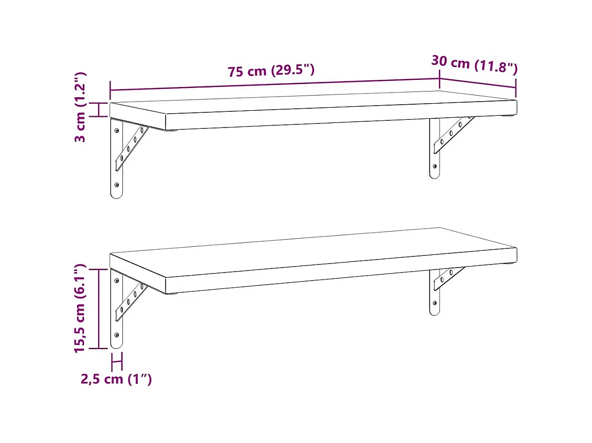 Wandregale 2 Stk. 75x30 cm Schwarz Edelstahl