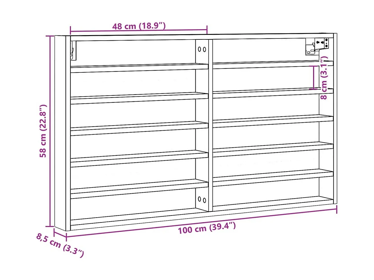 Vitrinekast 100x8,5x58 cm bewerkt hout bruin eikenkleurig