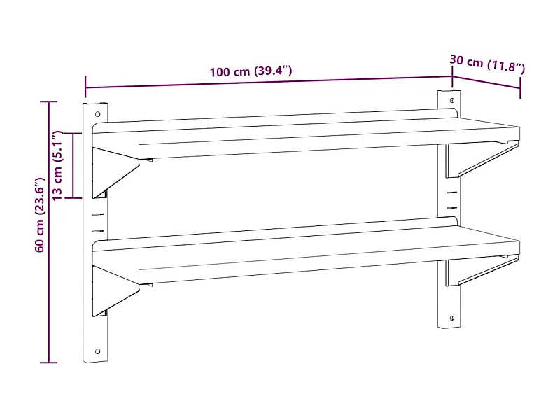 Estante parede 2 prateleiras 100x30x60 cm aço inoxidável prata