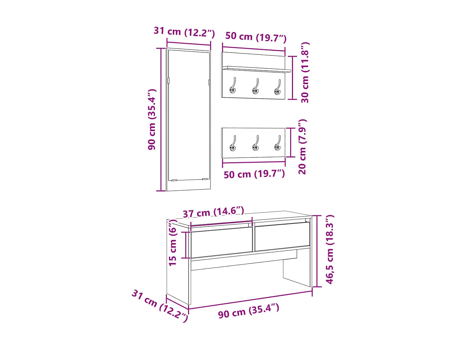 Set de muebles de recibidor 4 piezas madera de ingeniería negro