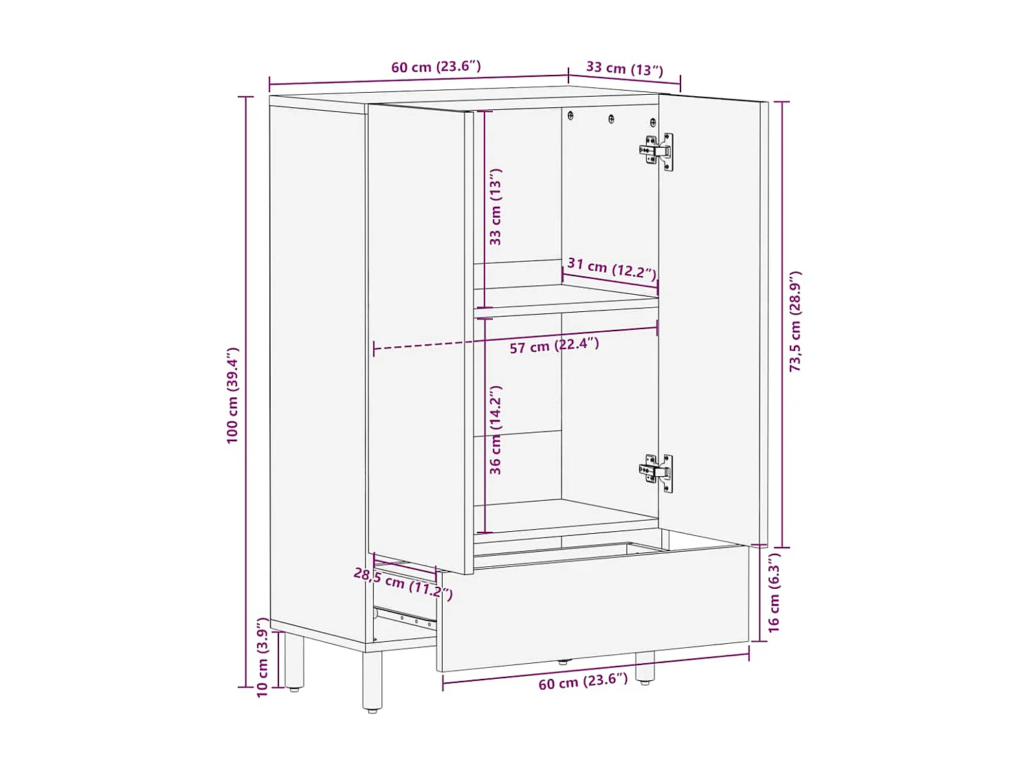 Aparador alto 60x33x100 cm madeira de mangueira maciça castanho