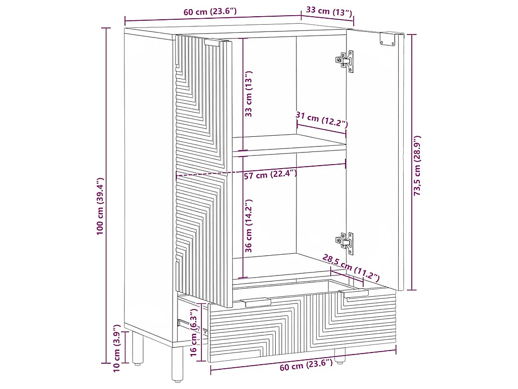 Buffet marron 60x33x100 cm bois de manguier massif