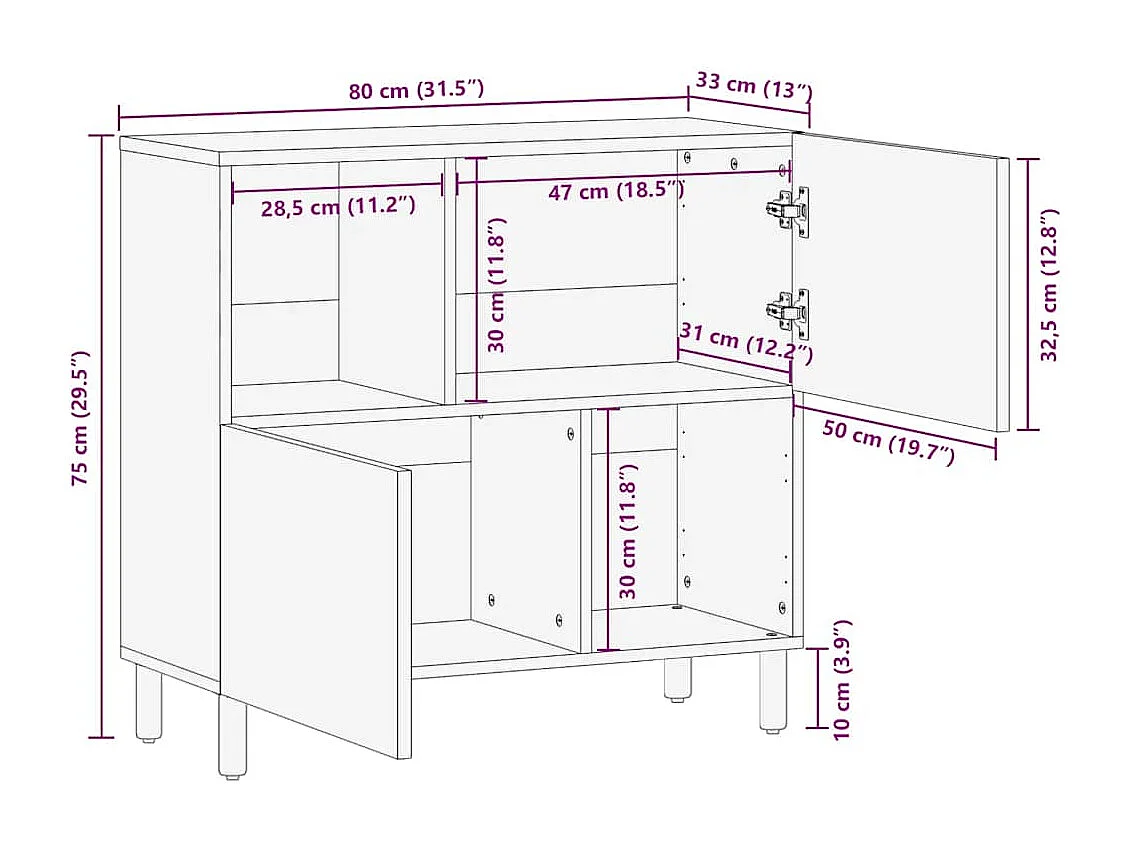 Buffet marron 80x33x75 cm bois massif de manguier
