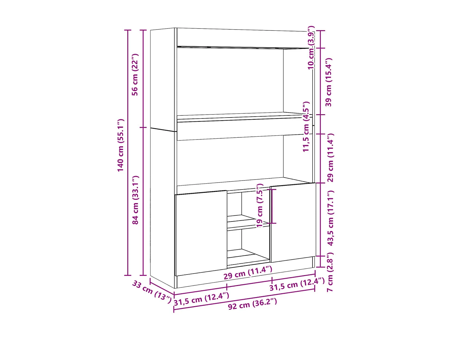 Buffet haut noir 92x33x140 cm bois d'ingénierie