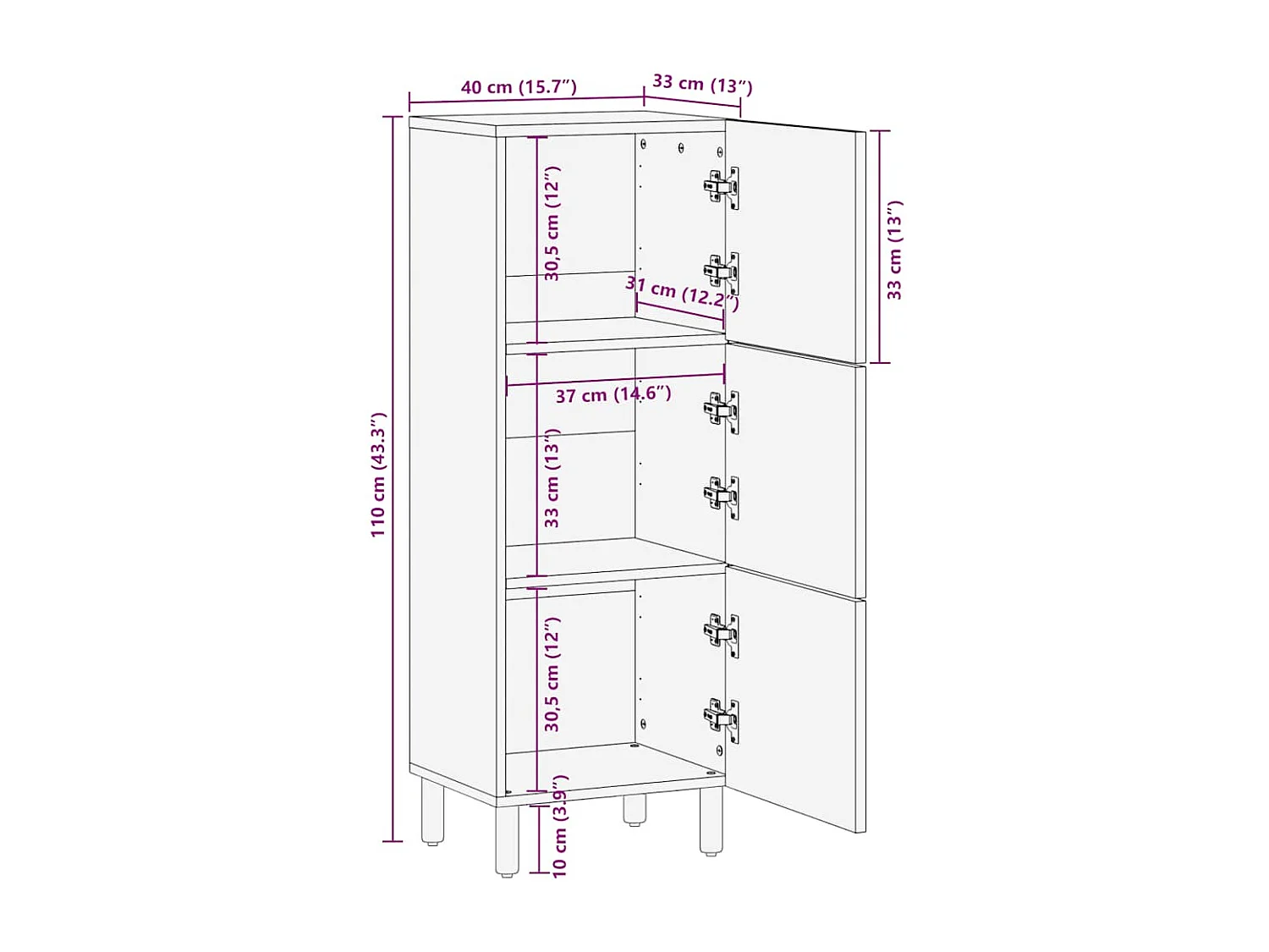 Buffet marron 40x33x110 cm bois de manguier massif