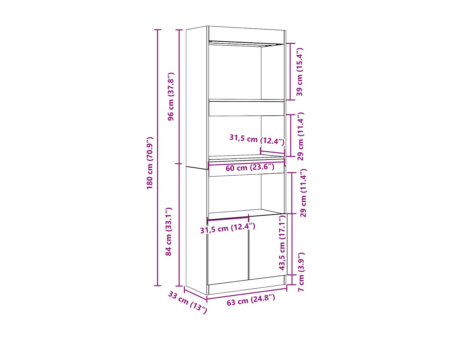Buffet haut 63x33x180 cm sonoma gris bois d'ingénierie