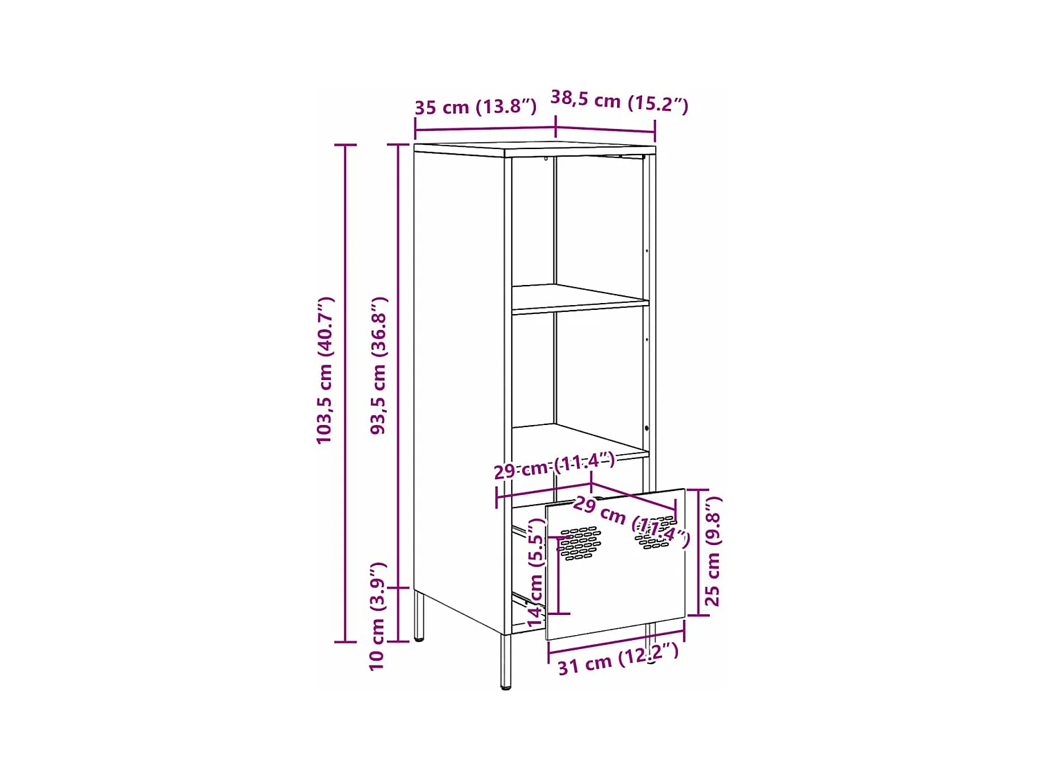 Hoge kast 35x39x103,5 cm staal wit