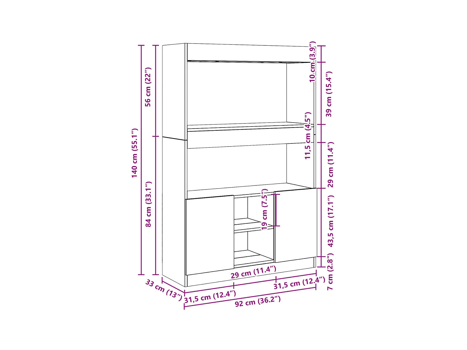 Buffet haut sonoma gris 92x33x140 cm bois d'ingénierie