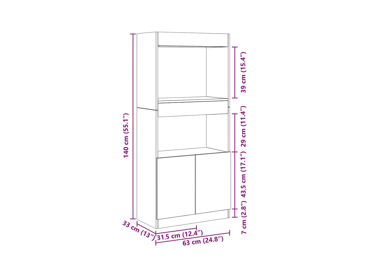 Buffet haut vieux bois 63x33x140 cm bois d'ingénierie