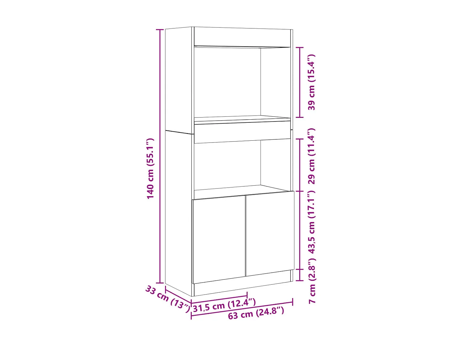 Hoge kast 63x33x140 cm bewerkt hout oud houtkleurig