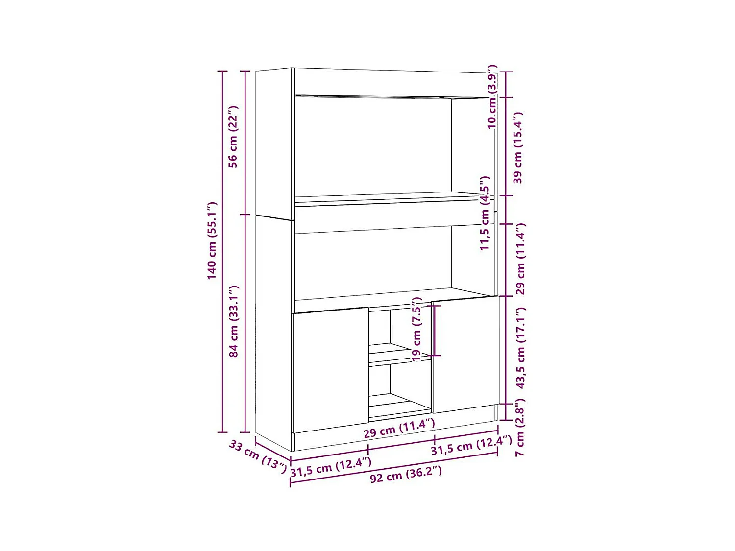 Buffet haut gris béton 92x33x140 cm bois d'ingénierie