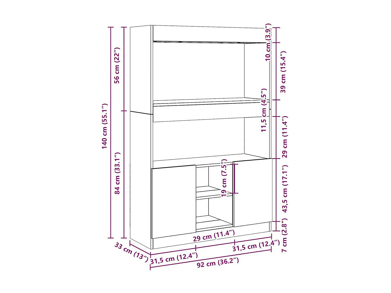 Buffet haut gris béton 92x33x140 cm bois d'ingénierie