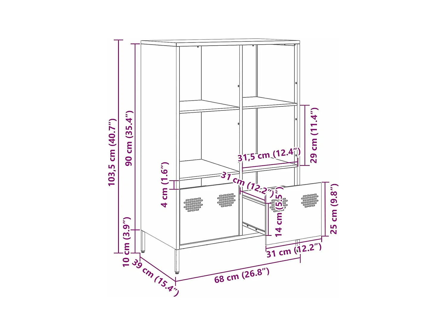 Hoge kast 68x39x103,5 cm staal wit