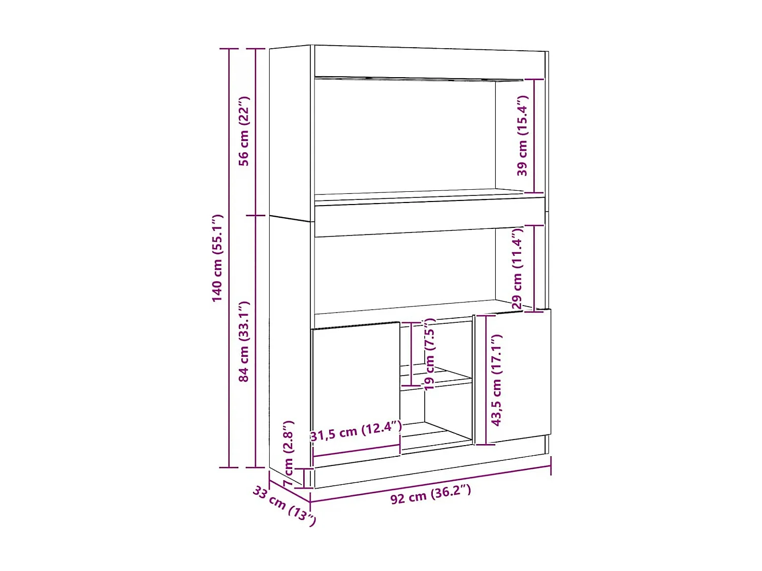 Buffet haut chêne artisanal 92x33x140 cm bois d'ingénierie