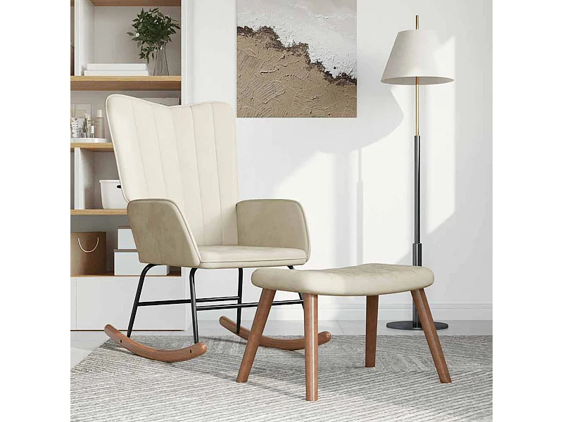 Chaise à bascule avec repose-pied Blanc crème Velours