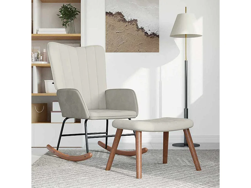 Schommelstoel met voetenbank fluweel crèmewit