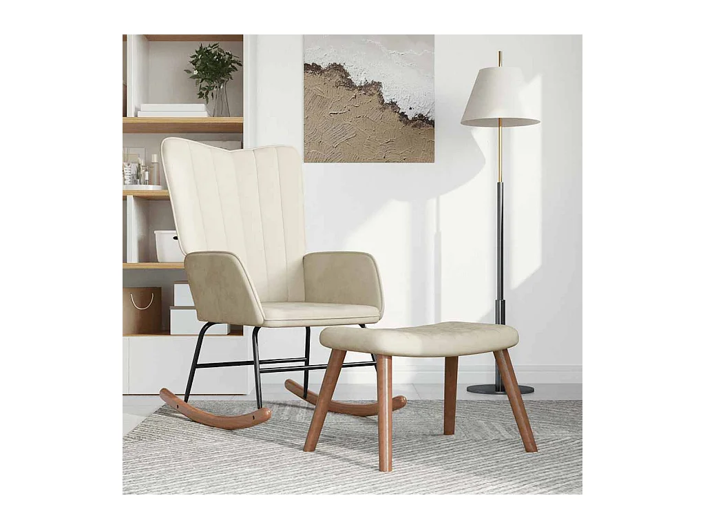 Chaise à bascule avec repose-pied Blanc crème Velours