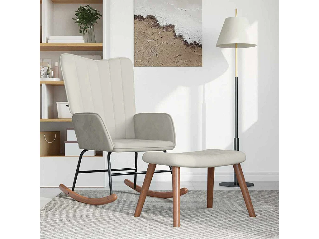 Schommelstoel met voetenbank fluweel crèmewit